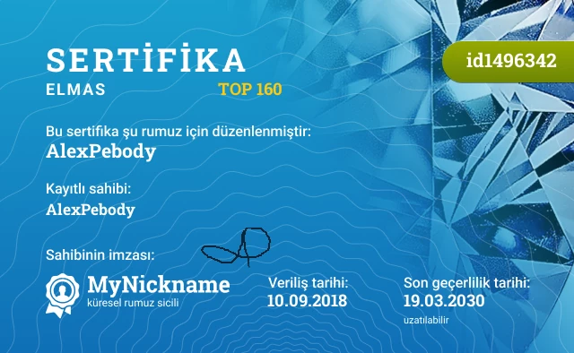 AlexPebody rumuzu için sertifika, kayıtlı sahibi: AlexPebody