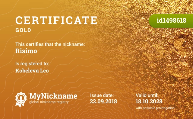 Certificate for nickname Risimo is registered to: Kobeleva Leo