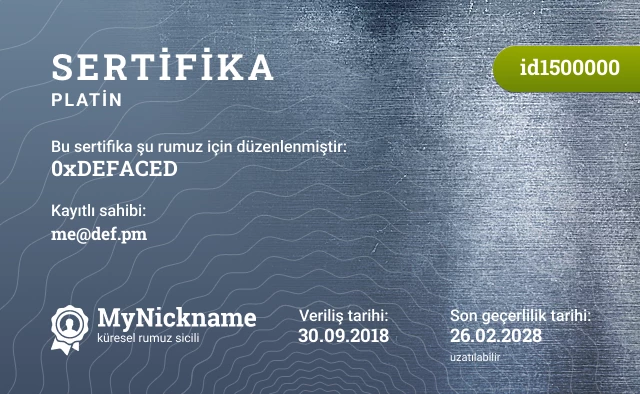 0xDEFACED rumuzu için sertifika, kayıtlı sahibi: me@def.pm