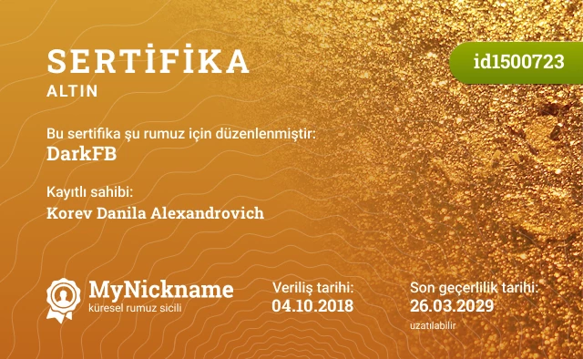 DarkFB rumuzu için sertifika, kayıtlı sahibi: Korev Danila Alexandrovich