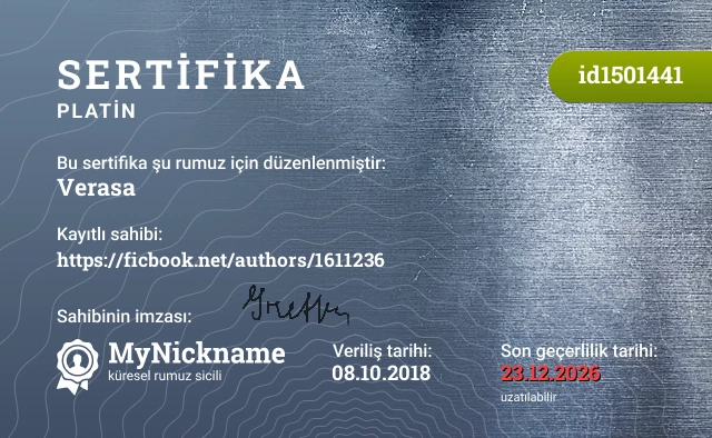 Verasa rumuzu için sertifika, kayıtlı sahibi: https://ficbook.net/authors/1611236