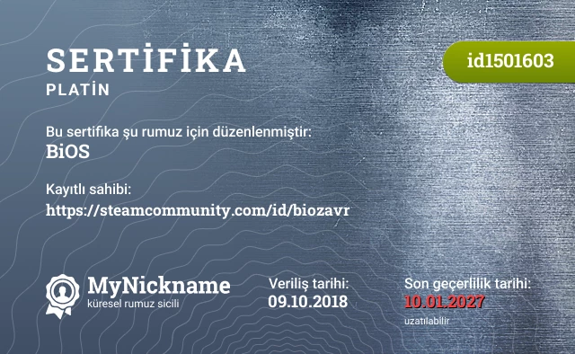 ВiOS rumuzu için sertifika, kayıtlı sahibi: https://steamcommunity.com/id/biozavr