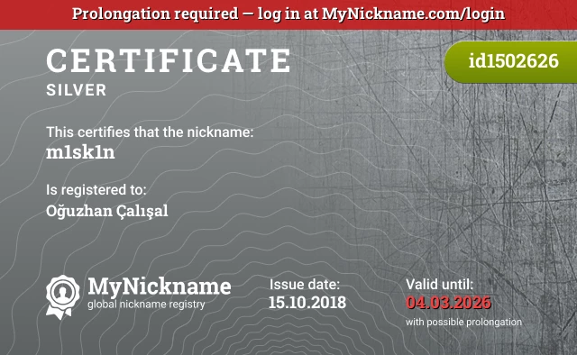 Certificate for nickname m1sk1n is registered to: Oğuzhan Çalışal
