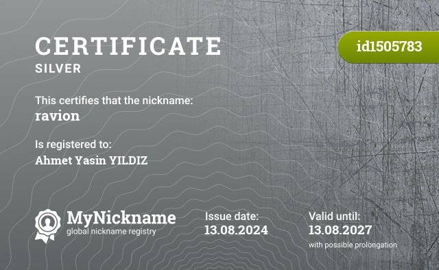 Certificate for nickname ravion, registered to: Ahmet Yasin YILDIZ