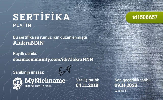 AlakraNNN rumuzu için sertifika, kayıtlı sahibi: steamcommunity.com/id/AlakraNNN