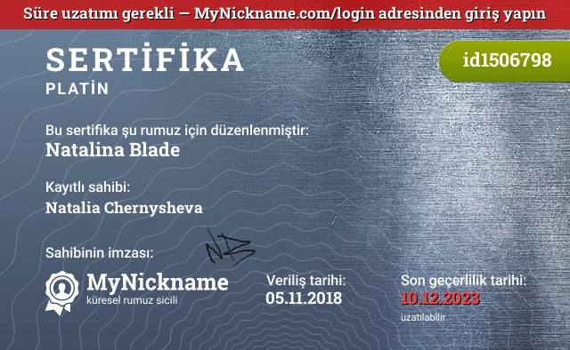 Natalina Blade rumuzu için sertifika, kayıtlı sahibi: Natalia Chernysheva