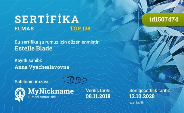 Estelle Blade rumuzu için sertifika, kayıtlı sahibi: Anna Vyacheslavovna