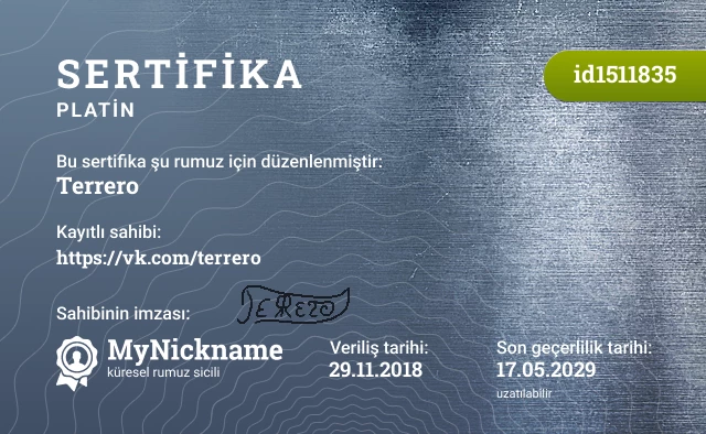 Terrero rumuzu için sertifika, kayıtlı sahibi: https://vk.com/terrero