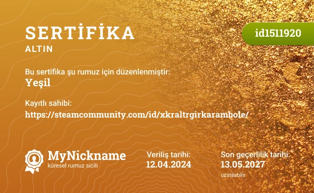 Yeşil rumuzu için sertifika, kayıtlı sahibi: https://steamcommunity.com/id/xkraltrgirkarambole/