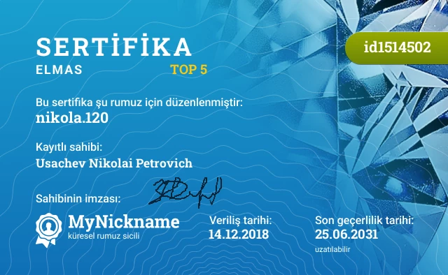 nikola.120 rumuzu için sertifika, kayıtlı sahibi: Usachev Nikolai Petrovich