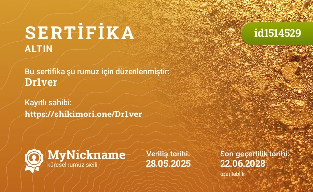 Dr1ver rumuzu için sertifika, kayıtlı sahibi: https://shikimori.one/Dr1ver