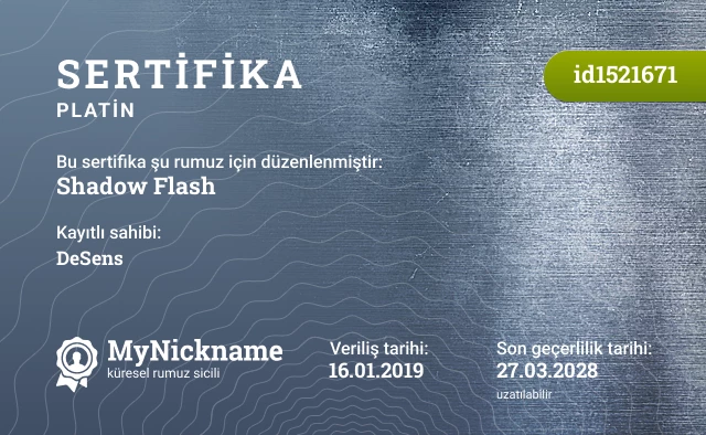 Shadow Flash rumuzu için sertifika, kayıtlı sahibi: DeSens