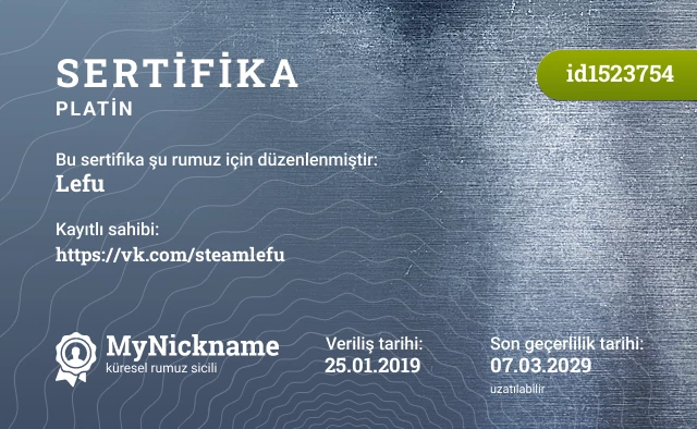 Lefu rumuzu için sertifika, kayıtlı sahibi: https://vk.com/steamlefu