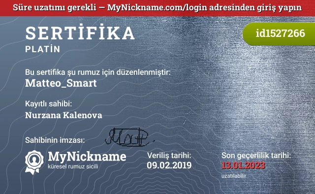 Matteo_Smart rumuzu için sertifika, kayıtlı sahibi: Nurzana Kalenova