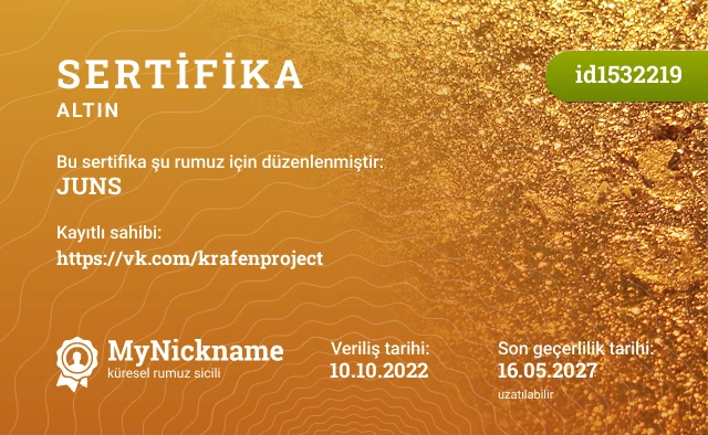 JUNS rumuzu için sertifika, kayıtlı sahibi: https://vk.com/krafenproject