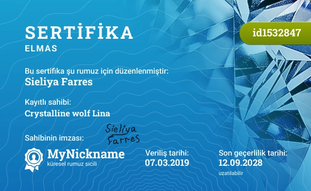 Sieliya Farres rumuzu için sertifika, kayıtlı sahibi: Crystalline wolf Lina