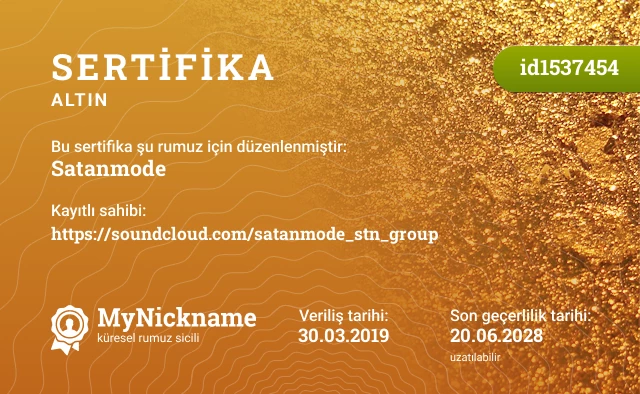 Satanmode rumuzu için sertifika, kayıtlı sahibi: https://soundcloud.com/satanmode_stn_group
