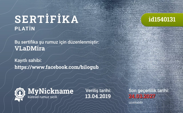 VLaDMira rumuzu için sertifika, kayıtlı sahibi: https://www.facebook.com/bilogub
