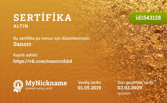 Sanorr rumuzu için sertifika, kayıtlı sahibi: https://vk.com/sanorrshhd