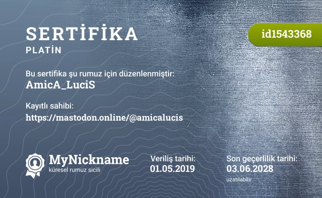 AmicA_LuciS rumuzu için sertifika, kayıtlı sahibi: https://mastodon.online/@amicalucis