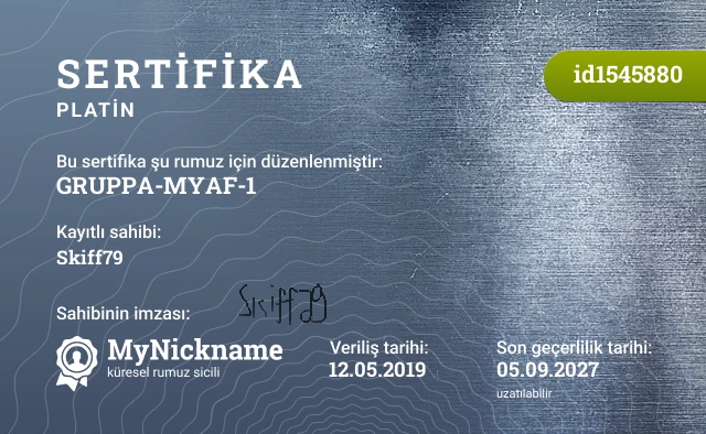 GRUPPA-MYAF-1 rumuzu için sertifika, kayıtlı sahibi: Skiff79