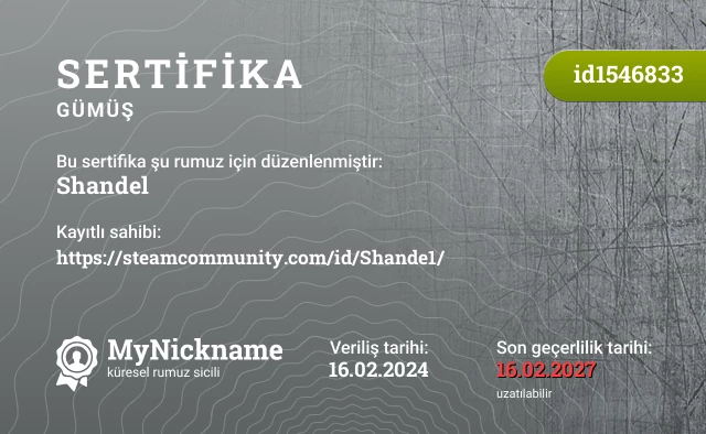 Shandel rumuzu için sertifika, kayıtlı sahibi: https://steamcommunity.com/id/Shande1/