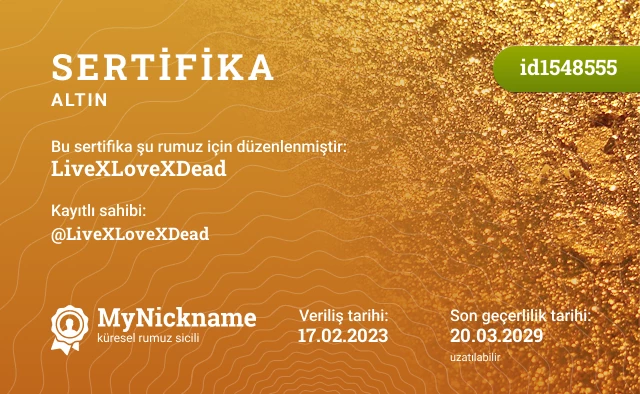 LiveXLoveXDead rumuzu için sertifika, kayıtlı sahibi: @LiveXLoveXDead