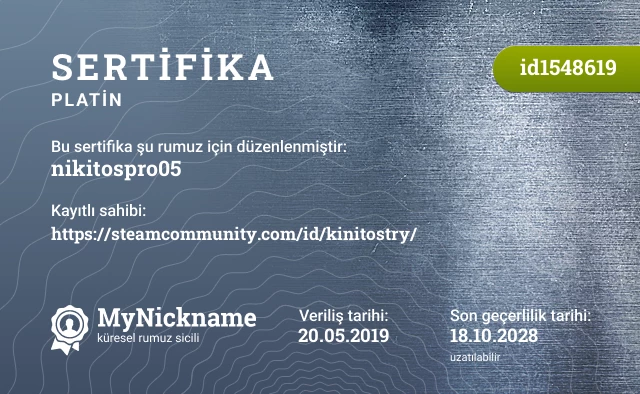 nikitospro05 rumuzu için sertifika, kayıtlı sahibi: https://steamcommunity.com/id/kinitostry/