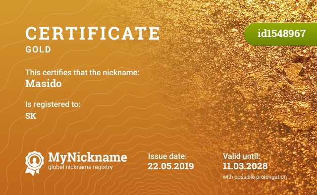 Certificate for nickname Masido, registered to: S.K.
