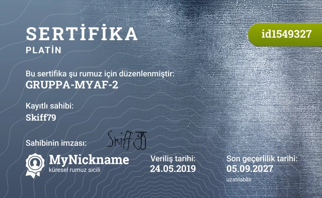 GRUPPA-MYAF-2 rumuzu için sertifika, kayıtlı sahibi: Skiff79