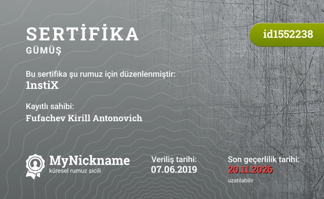 1nstiX rumuzu için sertifika, kayıtlı sahibi: Fufachev Kirill Antonovich