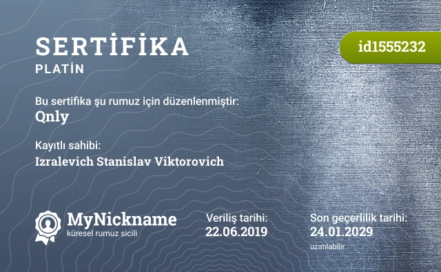Qnly rumuzu için sertifika, kayıtlı sahibi: Izralevich Stanislav Viktorovich