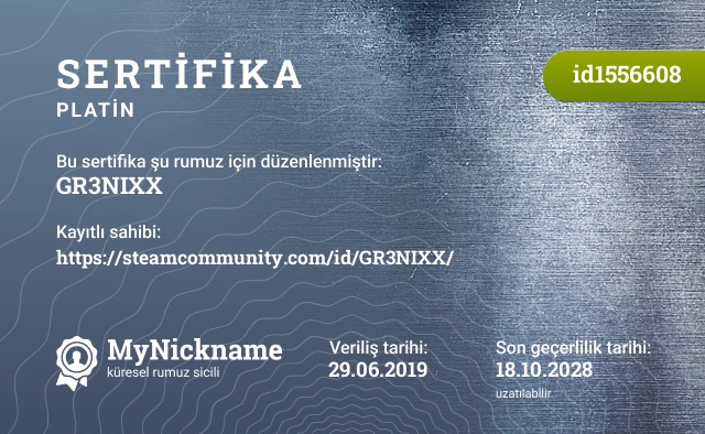 GR3NIXX rumuzu için sertifika, kayıtlı sahibi: https://steamcommunity.com/id/GR3NIXX/