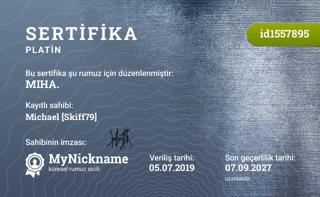 MIHA. rumuzu için sertifika, kayıtlı sahibi: Michael [Skiff79]