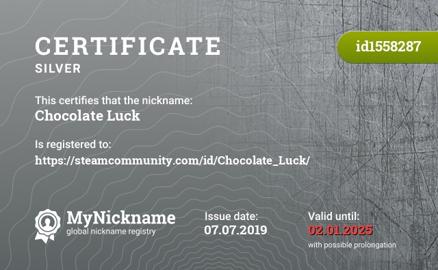 Certificate for nickname Chocolate Luck, registered to: https://steamcommunity.com/id/Chocolate_Luck/