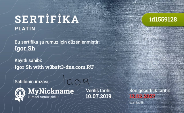 Igor.Sh rumuzu için sertifika, kayıtlı sahibi: Igor'Sh with w3bsit3-dns.com.RU