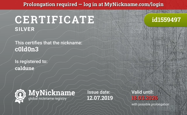 Certificate for nickname c0ld0n3 is registered to: caldune
