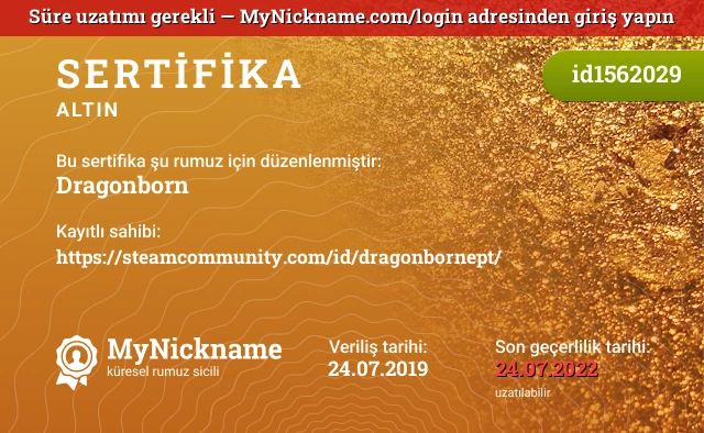 Dragоnborn rumuzu için sertifika, kayıtlı sahibi: https://steamcommunity.com/id/dragonbornept/
