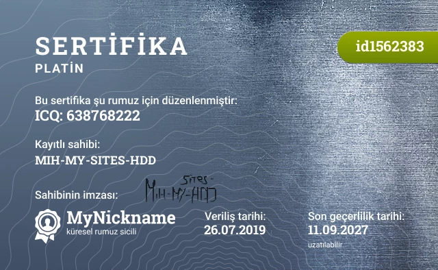 ICQ: 638768222 rumuzu için sertifika, kayıtlı sahibi: MIH-MY-SITES-HDD