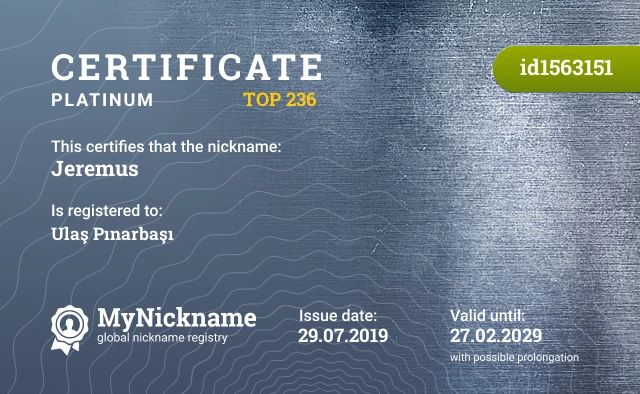 Certificate for nickname Jeremus is registered to: Ulaş Pınarbaşı
