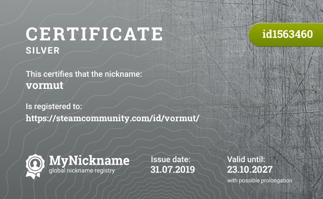 Certificate for nickname vormut is registered to: https://steamcommunity.com/id/vormut/