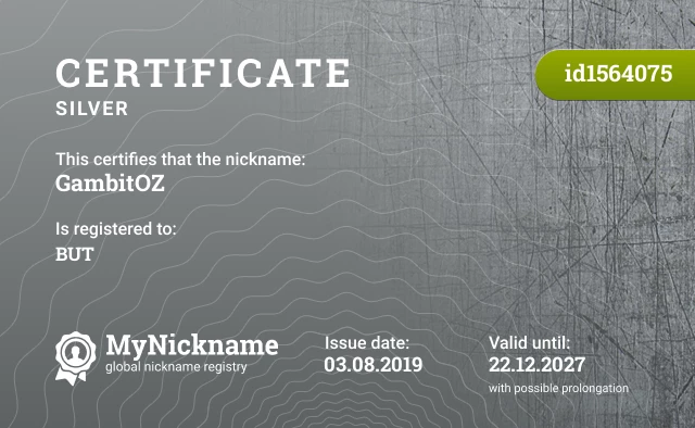Certificate for nickname GambitOZ is registered to: BUT
