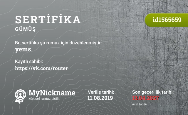 yems rumuzu için sertifika, kayıtlı sahibi: https://vk.com/router