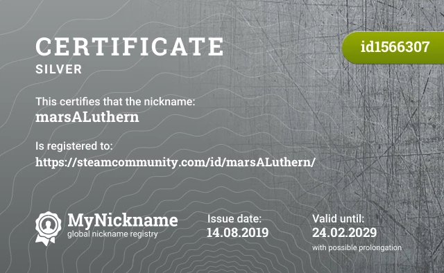 Certificate for nickname marsALuthern is registered to: https://steamcommunity.com/id/marsALuthern/
