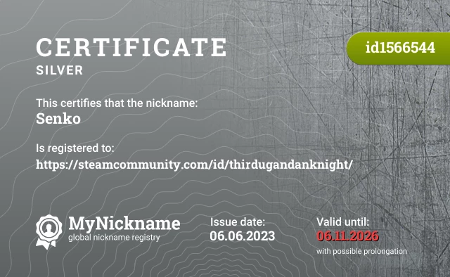 Certificate for nickname Senko is registered to: https://steamcommunity.com/id/thirdugandanknight/