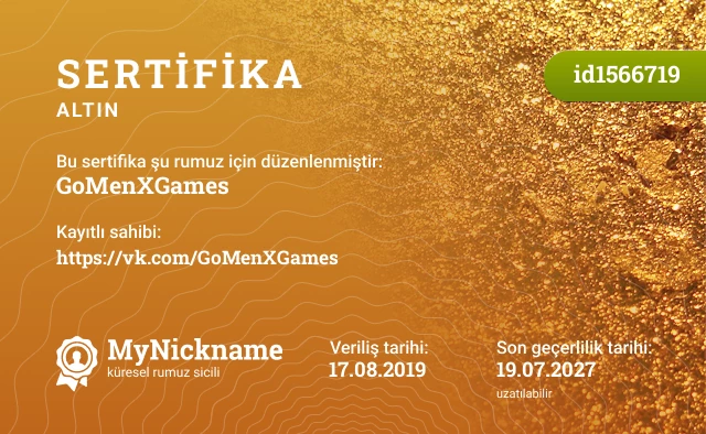 GoMenXGames rumuzu için sertifika, kayıtlı sahibi: https://vk.com/GoMenXGames