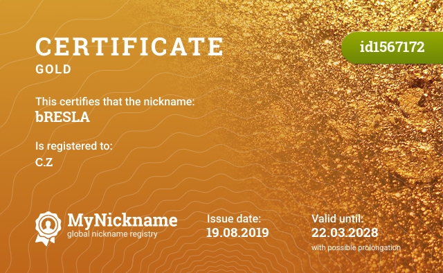 Certificate for nickname bRESLA, registered to: C.Z