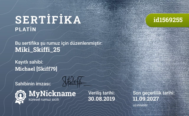 Miki_Skiffi_25 rumuzu için sertifika, kayıtlı sahibi: Michael [Skiff79]