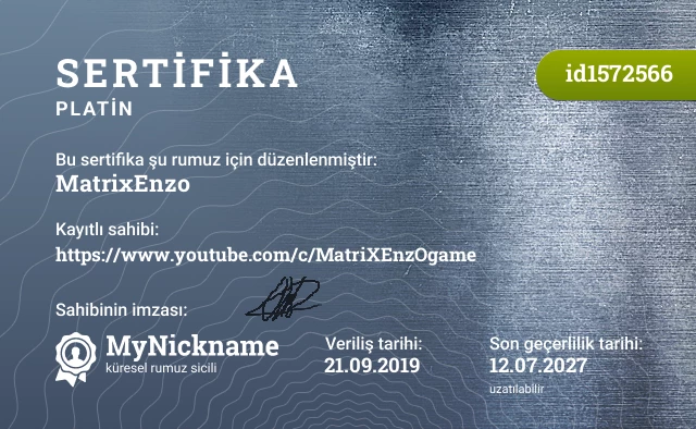 MatrixEnzo rumuzu için sertifika, kayıtlı sahibi: https://www.youtube.com/c/MatriXEnzOgame