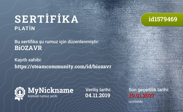 BiOZAVR rumuzu için sertifika, kayıtlı sahibi: https://steamcommunity.com/id/biozavr
